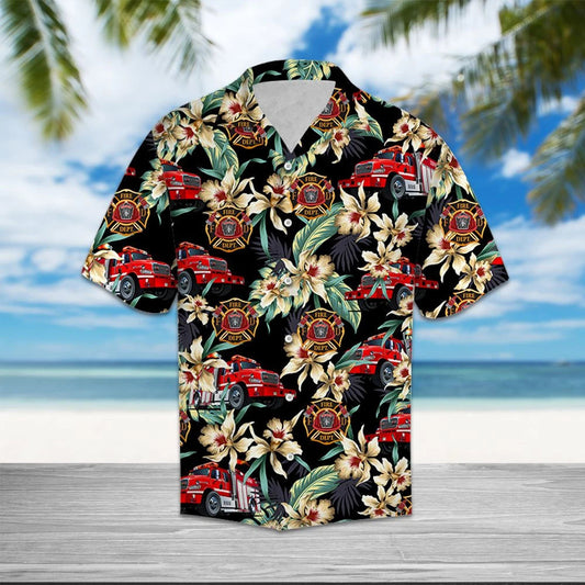 Firefighter Logo With Floral Outstanding Design Hawaiian Shirt,Hawaiian Shirt Gift, Christmas Gift