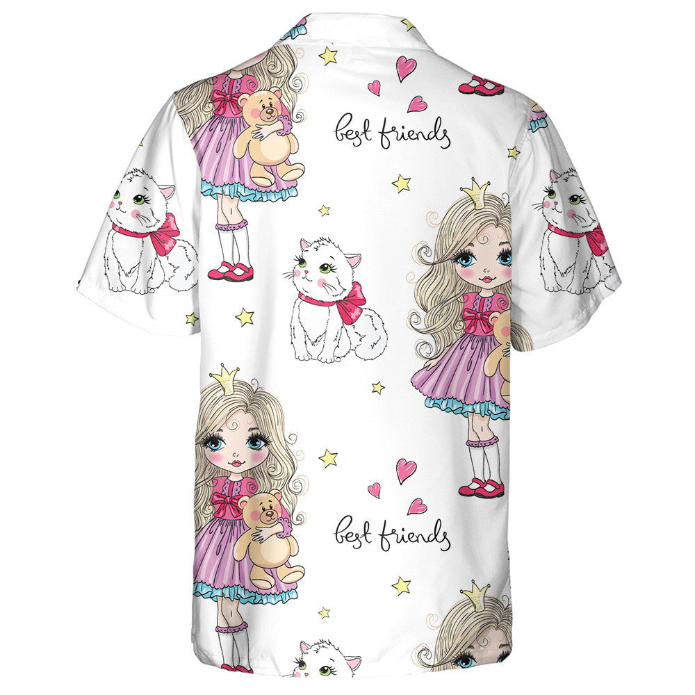 Hand Drawn Cute Little Princess Girl And Cat Hawaiian Shirt, Hawaiian Shirt Gift, Christmas Gift