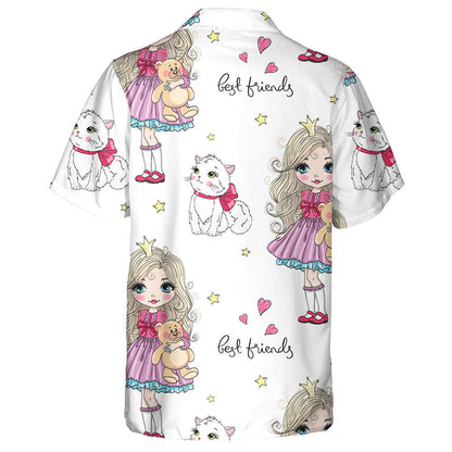 Hand Drawn Cute Little Princess Girl And Cat Hawaiian Shirt, Hawaiian Shirt Gift, Christmas Gift