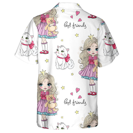 Hand Drawn Cute Little Princess Girl And Cat Hawaiian Shirt, Hawaiian Shirt Gift, Christmas Gift