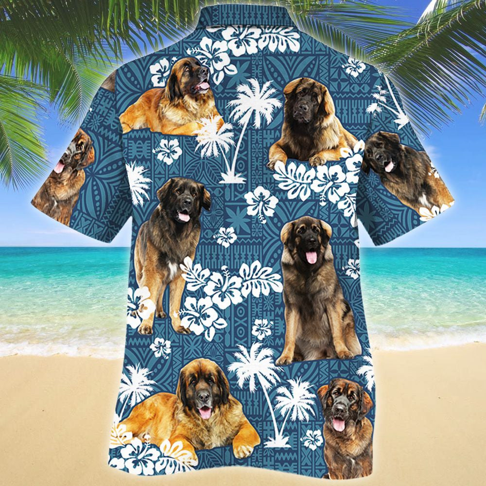 Leonberger Dog And Hibiscus On Blue Tribal Pattern Hawaiian Shirt, Hawaiian Shirt Gift, Christmas Gift