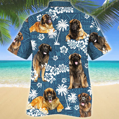 Leonberger Dog And Hibiscus On Blue Tribal Pattern Hawaiian Shirt, Hawaiian Shirt Gift, Christmas Gift