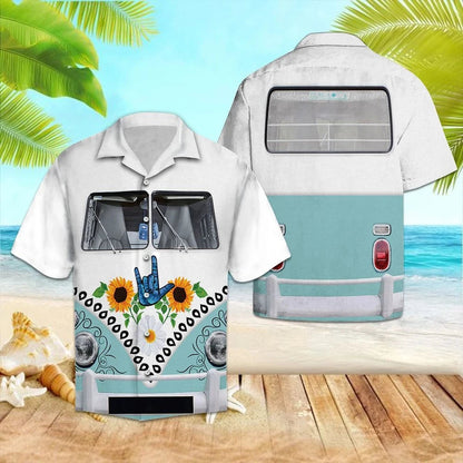 Hippie Hand Sign Language Sunflower Van Pattern Hawaiian Shirt, Hawaiian Shirt Gift, Christmas Gift