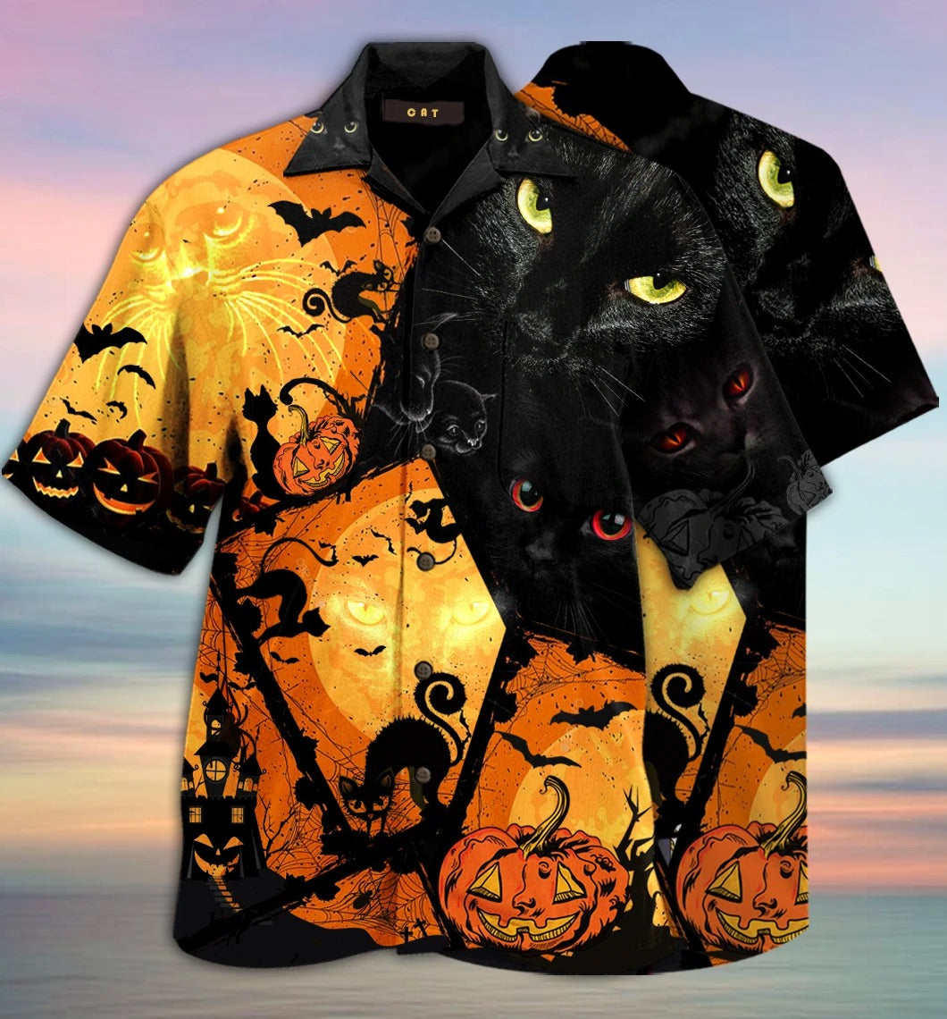 Black Cat Halloween Hawaiian Shirt,Hawaiian Shirt Gift, Christmas Gift