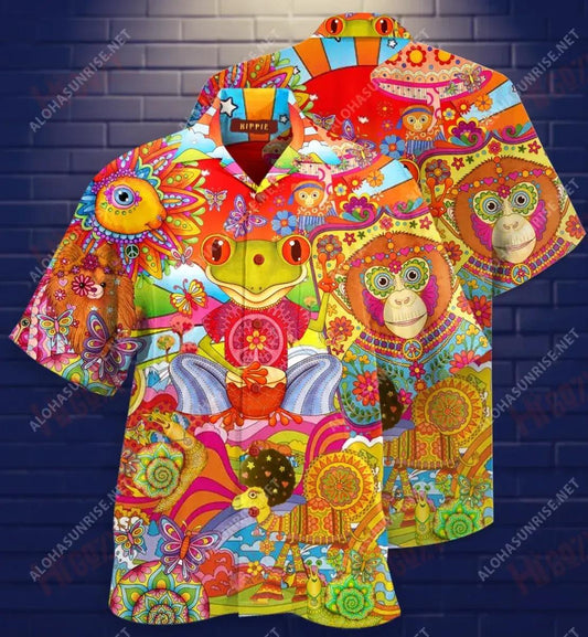 Happy Hippie Animal Short Short Sleeve Shirt Ocean Hawaiian T Shirts Hawaiian Crazy Shirts Hawaiian Shirts For Men, Hawaiian Shirt Gift, Christmas Gift