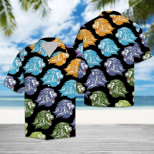Awesome Lion Head Roaring Pattern Black Background Hawaiian Shirt, Hawaiian Shirt Gift, Christmas Gift