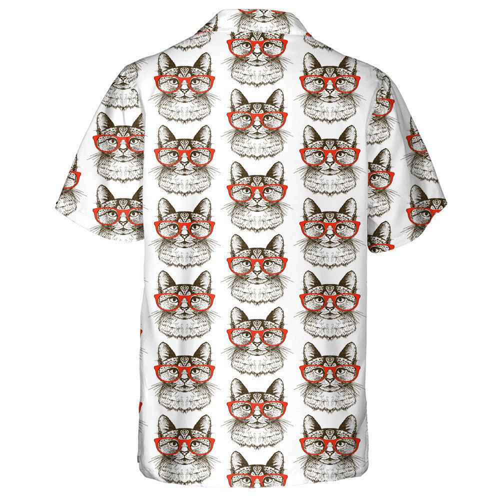 Hipster Cat And Red Glasses Hand Drawn Hawaiian Shirt, Hawaiian Shirt Gift, Christmas Gift