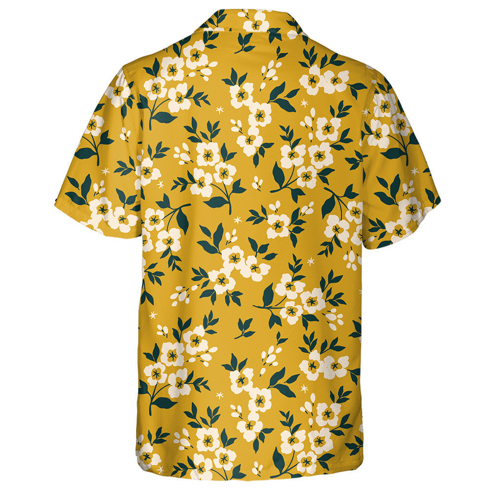 Trendy Small White Flowers And Leaves On Yellow Background Hawaiian Shirt, Hawaiian Shirt Gift, Christmas Gift