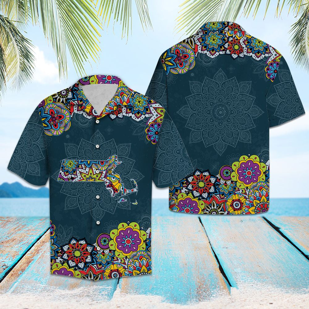 Vintage Map Of Massachusetts Mandala Style Flower Patchwork Hawaiian Shirt, Hawaiian Shirt Gift, Christmas Gift