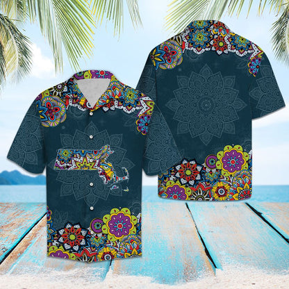 Vintage Map Of Massachusetts Mandala Style Flower Patchwork Hawaiian Shirt, Hawaiian Shirt Gift, Christmas Gift