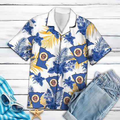 Minnesota Flag With Blue Hibiscus Hawaiian Shirt,Hawaiian Shirt Gift, Christmas Gift