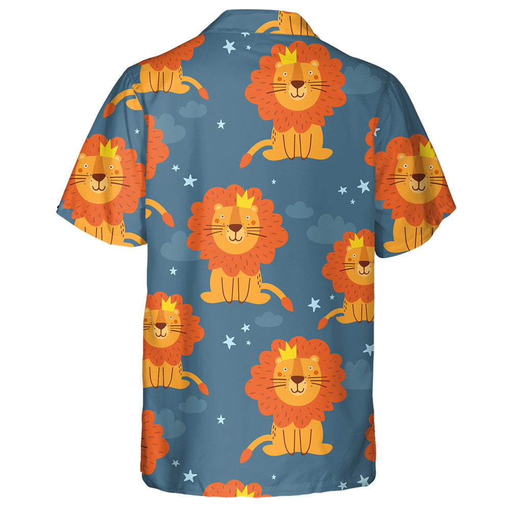 Sitting Cute Lion With Crown On Dark Blue Background Hawaiian Shirt, Hawaiian Shirt Gift, Christmas Gift