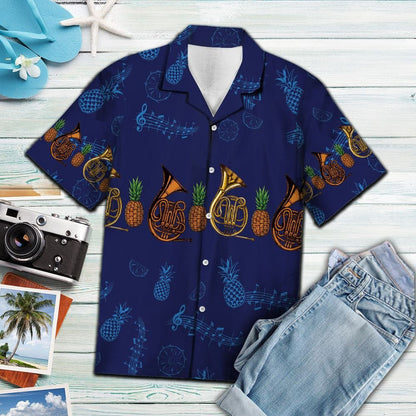 Navy Themed French Horn Musical Instrument Pattern Hawaiian Shirt, Hawaiian Shirt Gift, Christmas Gift