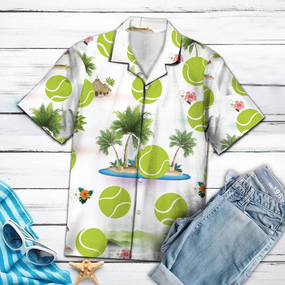 Awesome Gift For Tennis Lover Ball And Island Pattern Hawaiian Shirt, Hawaiian Shirt Gift, Christmas Gift