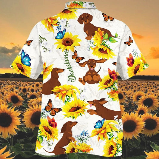 Dachshund Dog With Butterfly On Sun Flower Garden Hawaiian Shirt, Hawaiian Shirt Gift, Christmas Gift