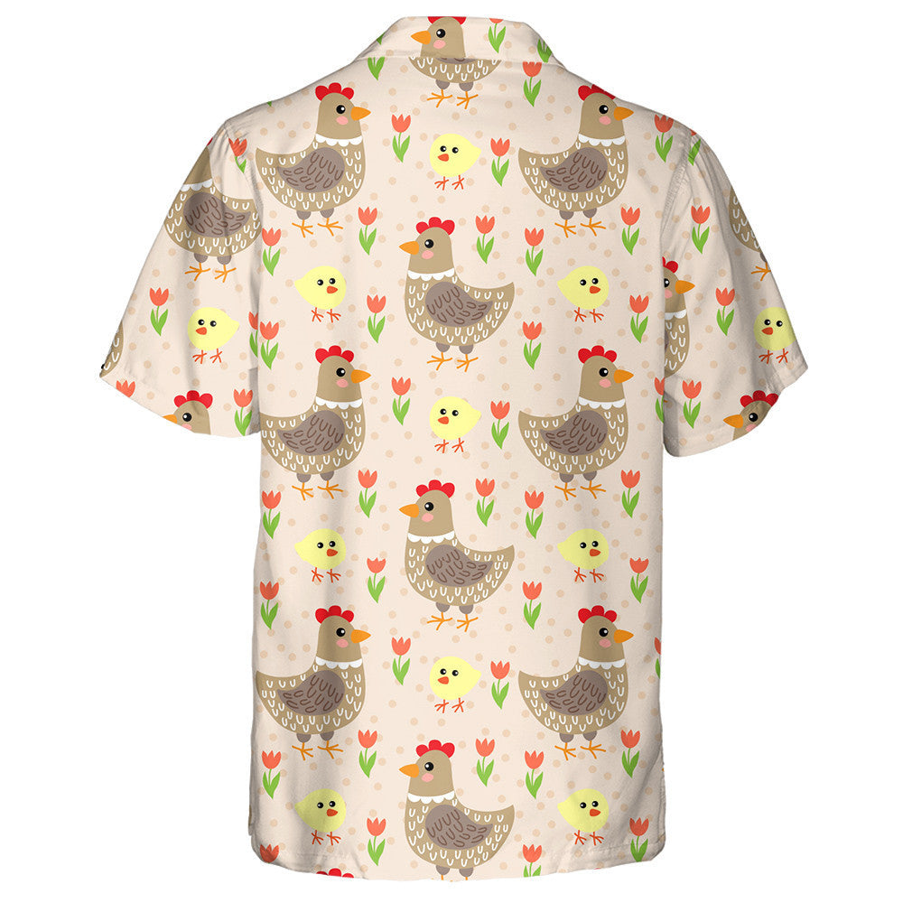 Cute Cartoon Hen And Chicken In Flower Garden Hawaiian Shirt, Hawaiian Shirt Gift, Christmas Gift
