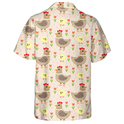 Cute Cartoon Hen And Chicken In Flower Garden Hawaiian Shirt, Hawaiian Shirt Gift, Christmas Gift