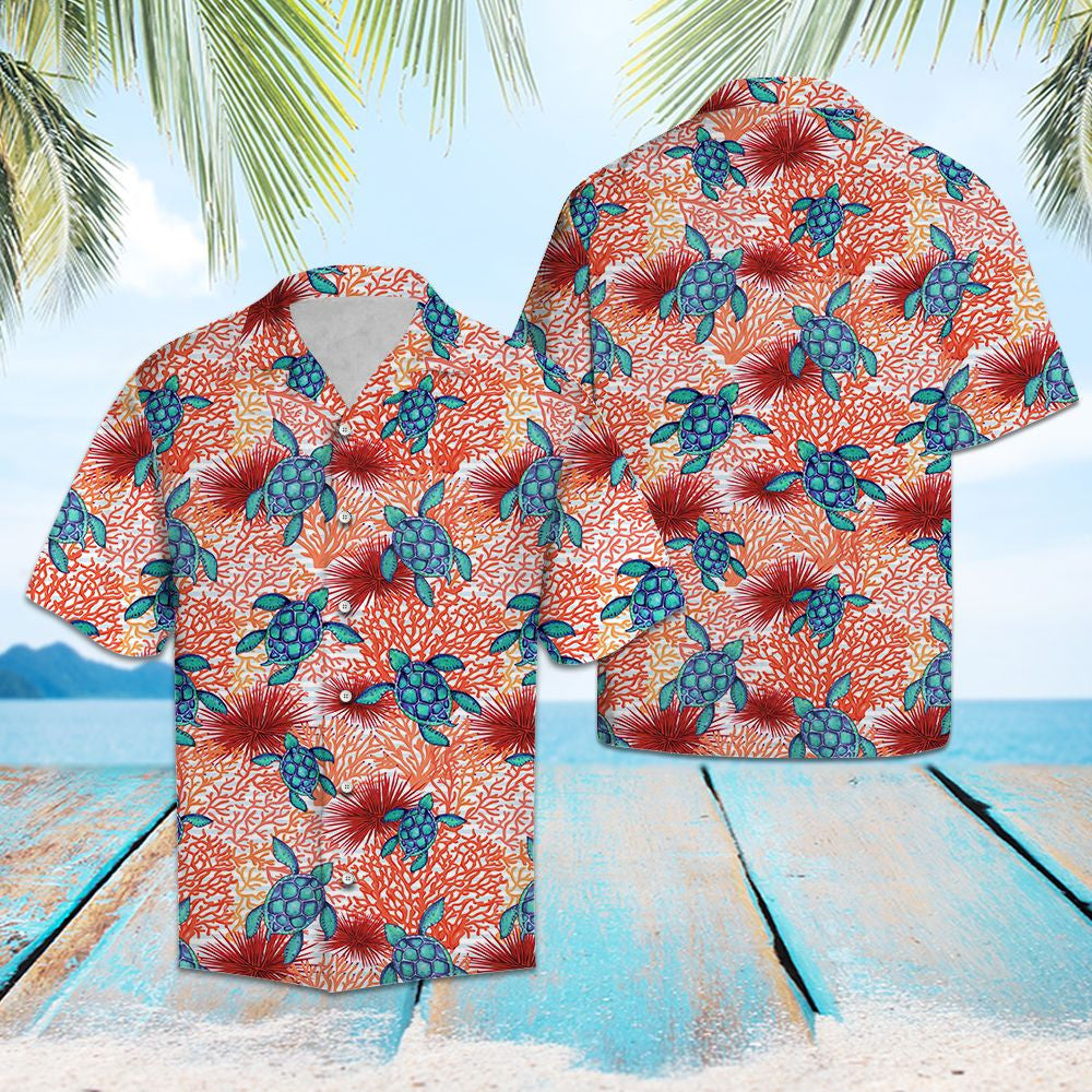 Hand Drawn Blue Turtle Coral Reef Pattern Hawaiian Shirt, Hawaiian Shirt Gift, Christmas Gift