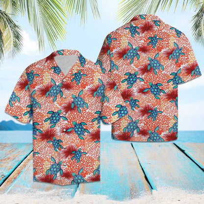 Hand Drawn Blue Turtle Coral Reef Pattern Hawaiian Shirt, Hawaiian Shirt Gift, Christmas Gift