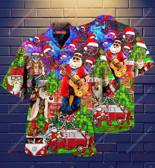 Love Hippie And Merry Christmas Short Hawaiian Shirt Vacation Hawaiian T Shirts Vintage Hawaiian Shirts Hawaiian Shirts For Women, Hawaiian Shirt Gift, Christmas Gift