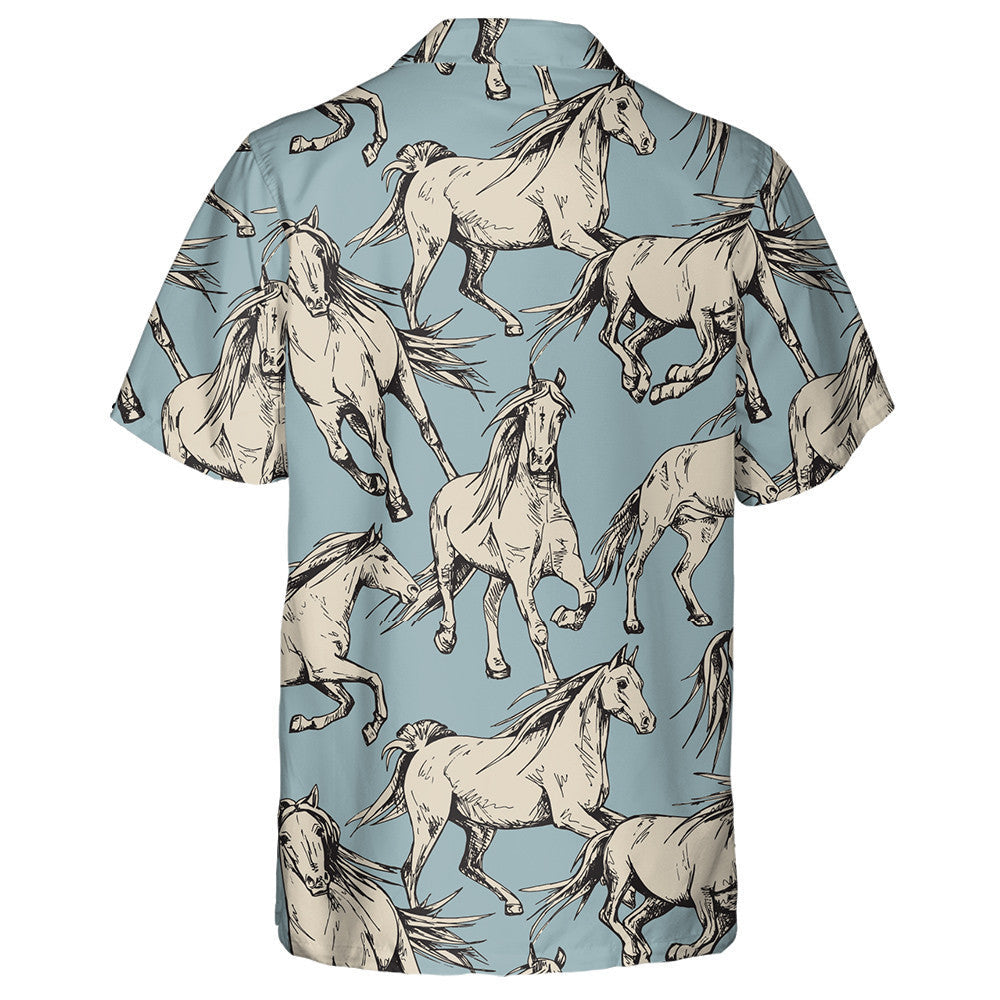 The Running Beautiful Beige Horses On A Blue Background Hawaiian Shirt, Hawaiian Shirt Gift, Christmas Gift