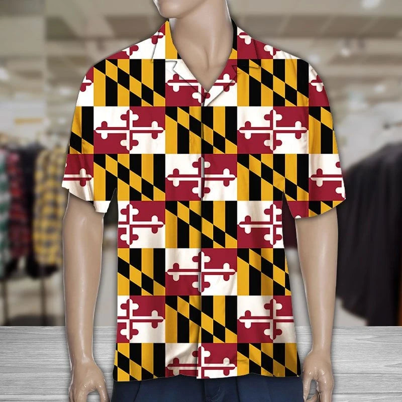 Classic Maryland Flag Yellow And Black Check Pattern Hawaiian Shirt, Hawaiian Shirt Gift, Christmas Gift
