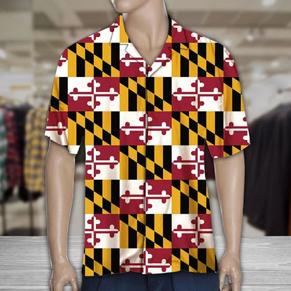 Classic Maryland Flag Yellow And Black Check Pattern Hawaiian Shirt, Hawaiian Shirt Gift, Christmas Gift