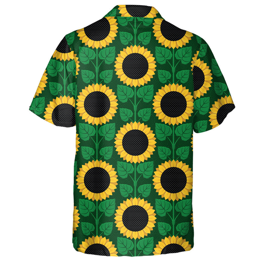 Illustrated Black Circle Sunflowers And Leaves Pattern Hawaiian Shirt, Hawaiian Shirt Gift, Christmas Gift