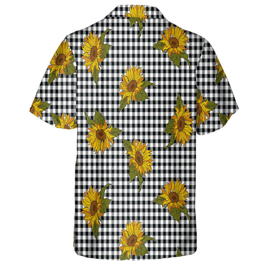 Bright Sunflowers On Black White Buffalo Plaid Background Hawaiian Shirt, Hawaiian Shirt Gift, Christmas Gift