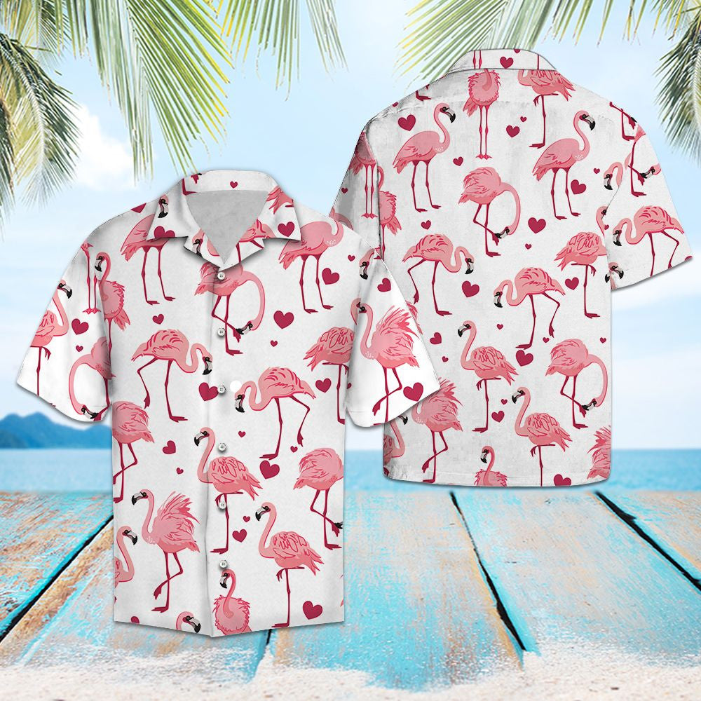Watercolor Art Beautiful Flamingo With Heart Shape Pattern Hawaiian Shirt, Hawaiian Shirt Gift, Christmas Gift
