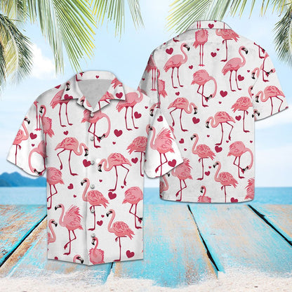 Watercolor Art Beautiful Flamingo With Heart Shape Pattern Hawaiian Shirt, Hawaiian Shirt Gift, Christmas Gift