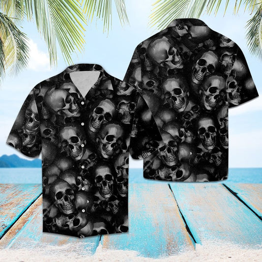 Awesome Smiley Skull Black And White Art Pattern Hawaiian Shirt, Hawaiian Shirt Gift, Christmas Gift