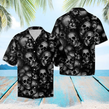 Awesome Smiley Skull Black And White Art Pattern Hawaiian Shirt, Hawaiian Shirt Gift, Christmas Gift