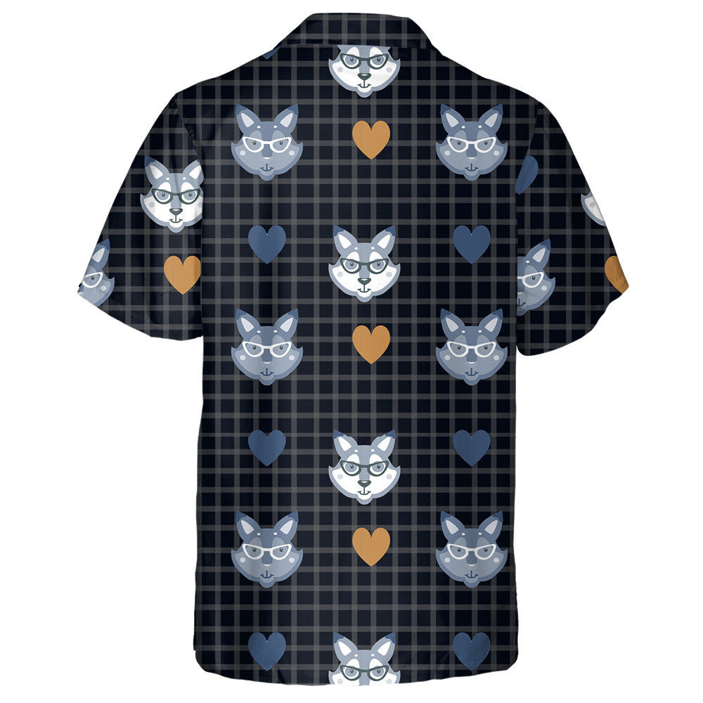 Hipster With Wolf In Glasses On Check Black Background Hawaiian Shirt, Hawaiian Shirt Gift, Christmas Gift
