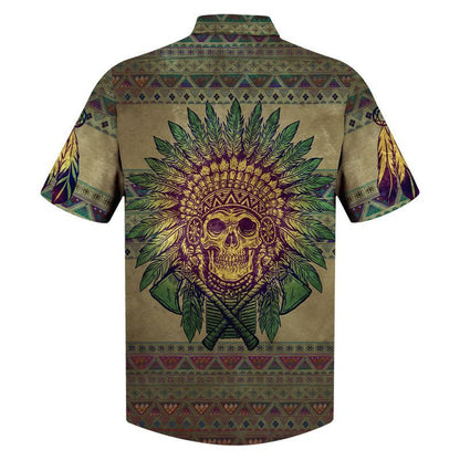 Native American Skull Cross Green Feathers Pattern Hawaiian Shirt, Hawaiian Shirt Gift, Christmas Gift