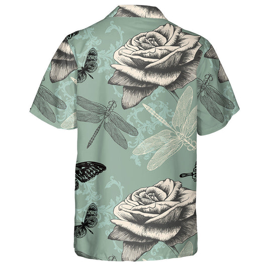 Vintage Rose Decorative Butterflies And Dragonflies Hawaiian Shirt, Hwaiian For Gift