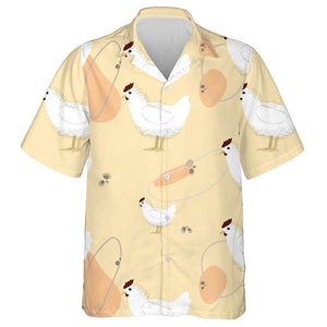 White Chickens In Checkerboard On Light Orange Background Hawaiian Shirt, Hawaiian Shirt Gift, Christmas Gift