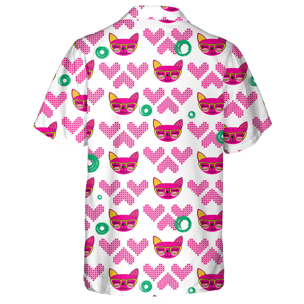 Pussy Cat Had Repeated Backdrop With Knitted Hearts Hawaiian Shirt, Hawaiian Shirt Gift, Christmas Gift