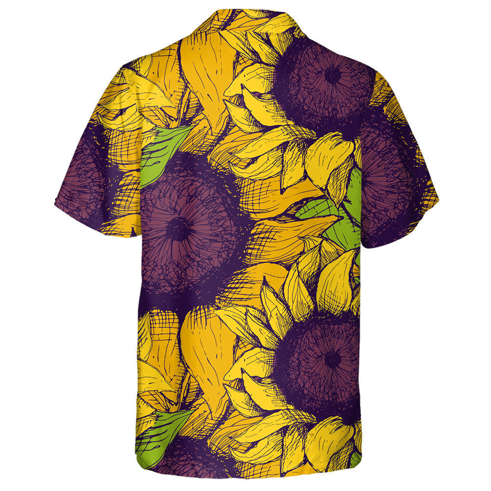 Hand Drawn Flower Sunflower With Purple Heart And Rose Hawaiian Shirt, Hawaiian Shirt Gift, Christmas Gift