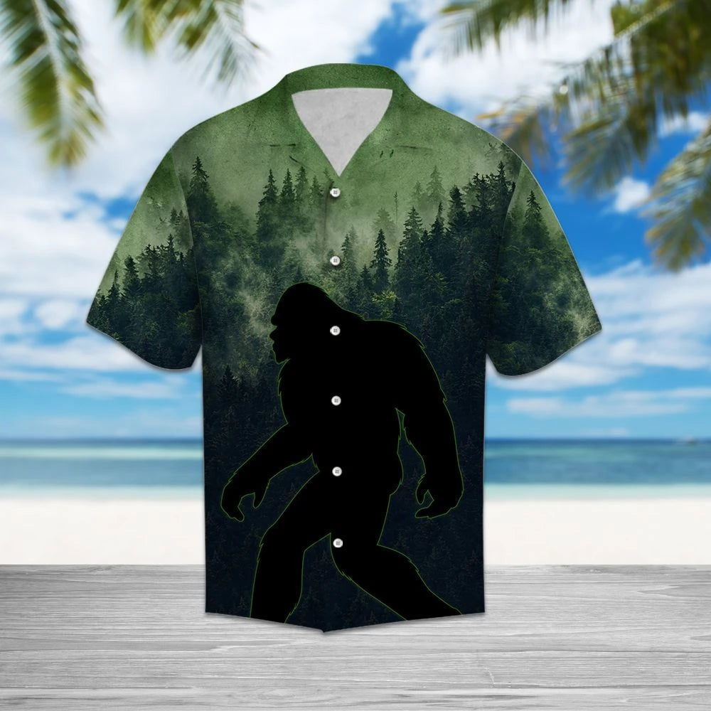 Black Bigfoot Walking At Mid Night Forest Pattern Hawaiian Shirt, Hawaiian Shirt Gift, Christmas Gift