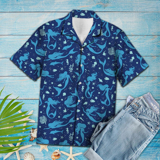 Hawaiian Shirt Blue Mermaid And Marine Creature Under The Sea, Hawaiian Shirt Gift, Christmas Gift