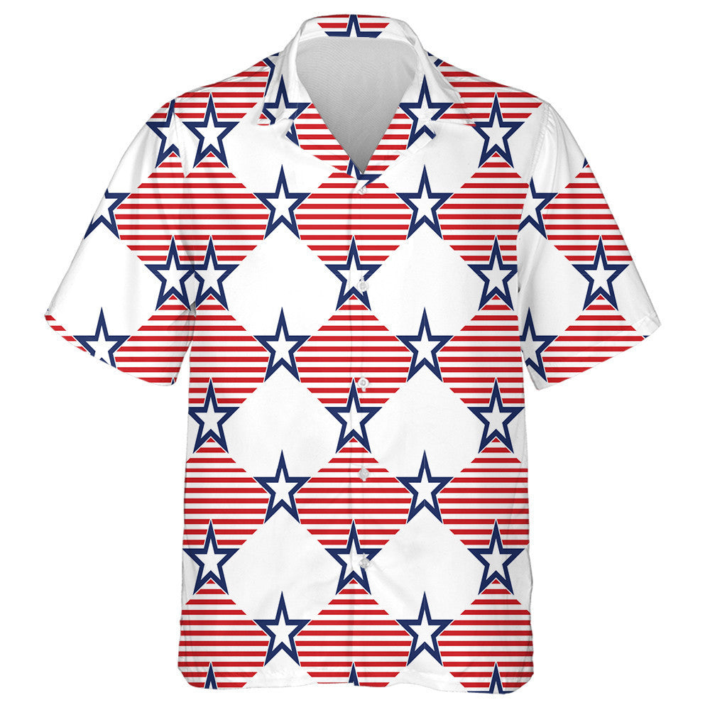 Rhombus Red Striped And Navy Star Patriotic Pattern Hawaiian Shirt, Hawaiian Shirt Gift, Christmas Gift