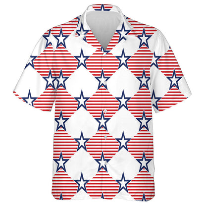 Rhombus Red Striped And Navy Star Patriotic Pattern Hawaiian Shirt, Hawaiian Shirt Gift, Christmas Gift