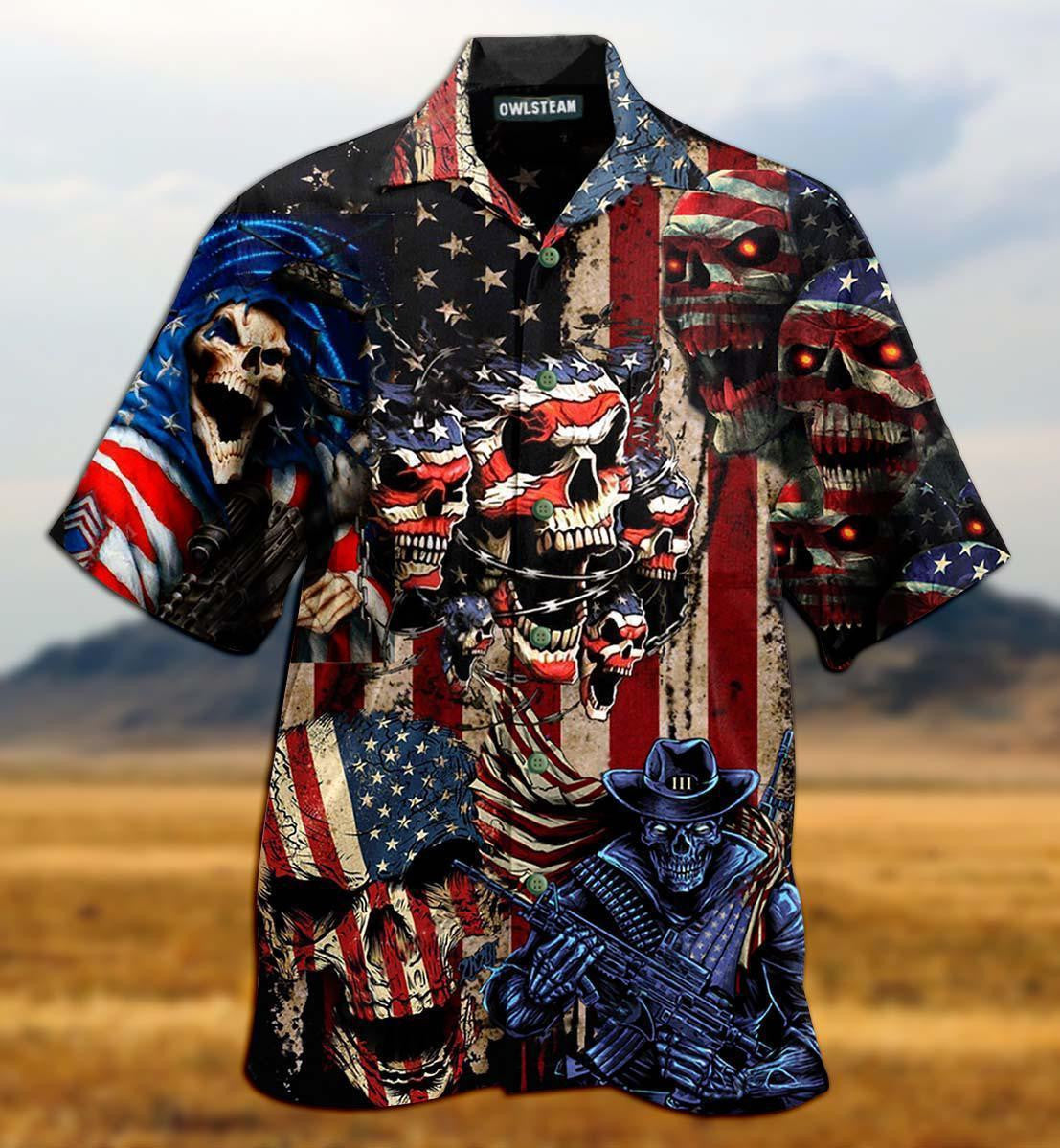 America Skull With Guns Old Us Flag Design Hawaiian Shirt, Hawaiian Shirt Gift, Christmas Gift