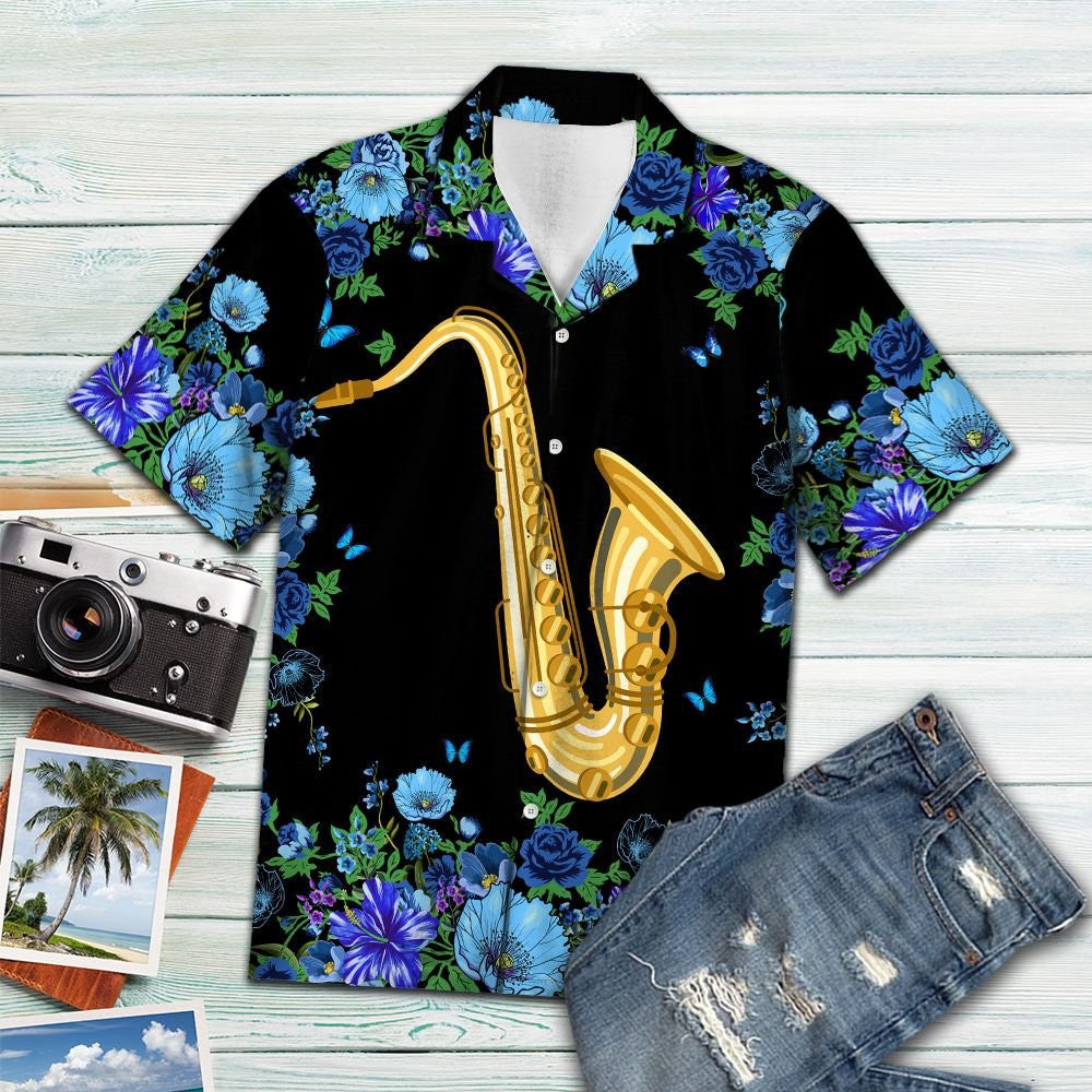 Blue Flower Frame Cover Saxophone On Black Pattern Hawaiian Shirt, Hawaiian Shirt Gift, Christmas Gift