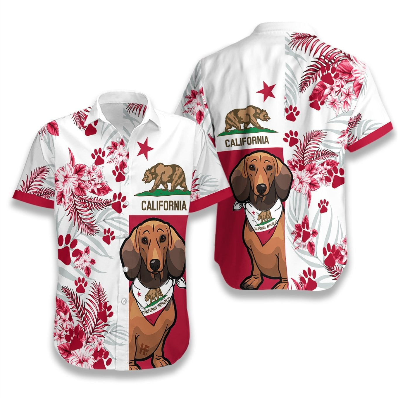 Dachshund California Flag With White Skin Pattern Hawaiian Shirt, Hawaiian Shirt Gift, Christmas Gift