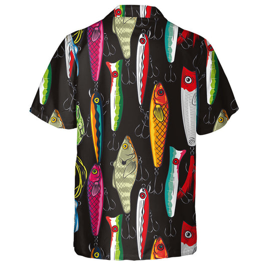 Colorful Fishing Lures On Black Background Art Design Hawaiian Shirt, Hawaiian Shirt Gift, Christmas Gift