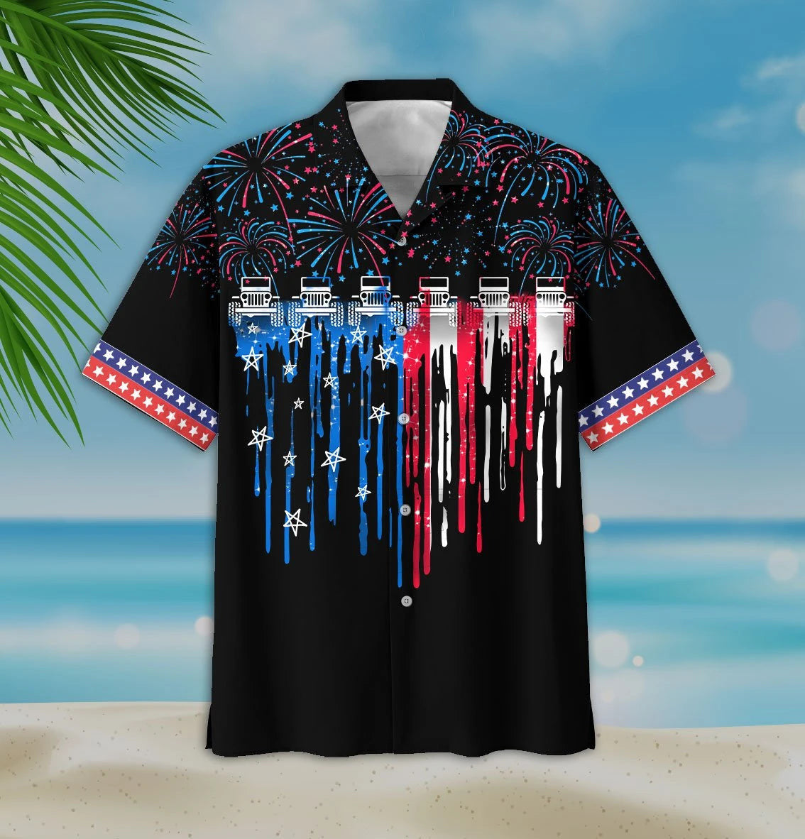 Colorful Firework Black Theme Jeep And Flag Pattern Hawaiian Shirt, Hawaiian Shirt Gift, Christmas Gift