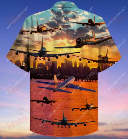 Fly Into Sunset Aircraft Unisex Hawaiian Shirt Vacation Short Sleeve Tactical Hawaiian Shirt Hawaiian Shirts For Women, Hawaiian Shirt Gift, Christmas Gift