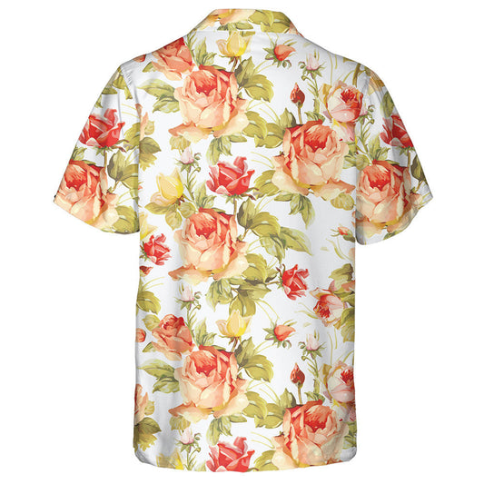 Romantic Flower Pattern Red Orange Roses Branch Design Hawaiian Shirt, Hawaiian Shirt Gift, Christmas Gift